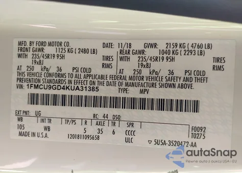 2019 Ford Escape Se z USA, uszkodzony, nr VIN 1FMCU9GD4KUA31385